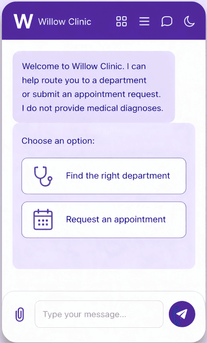 Askly chat widget showing guided quick-reply options for routing and booking